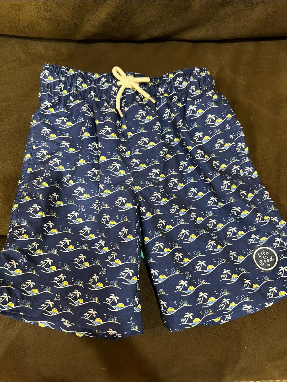 Life Is Good Navy Blue Palm Print Swim Trunks with White Drawstring